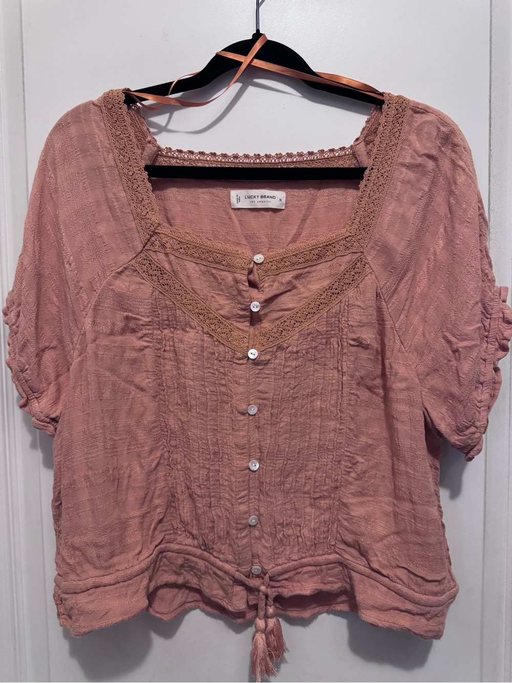 Lucky Brand Dusty Rose Lace-Trim Button Front Blouse